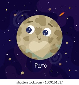 Cute cartoon Pluto  planet character. Space vector illustration