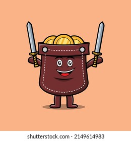 Cute cartoon Pocket character holding two sword in 3d modern design