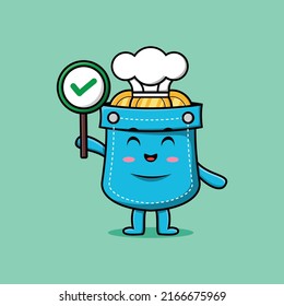 Cute cartoon Pocket chef character holding correct sign board in vector character illustration