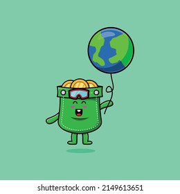 Cute cartoon pocket floating with world balloon cartoon vector illustration
