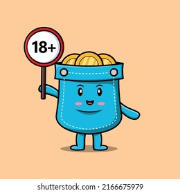 cute cartoon Pocket holding 18 plus sign board in vector character illustration