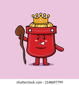Cute cartoon pocket mascot as wise king with golden crown and wooden stick