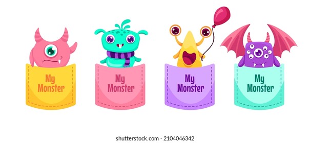 Cute Cartoon pocket monster set with hand drawn colorful elements. Scary and funny creatures for your design, children or halloween concept, t-shirt print. Vector flat colorful illustration