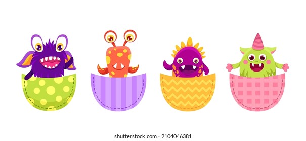 Cute Cartoon pocket monster set with hand drawn colorful elements. Scary and funny creatures for your design, children or halloween concept, t-shirt print. Vector flat colorful illustration