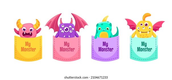 Cute Cartoon pocket monster set with hand drawn colorful elements. Scary and funny creatures for your design, children or halloween concept, t-shirt print. Vector flat colorful illustration