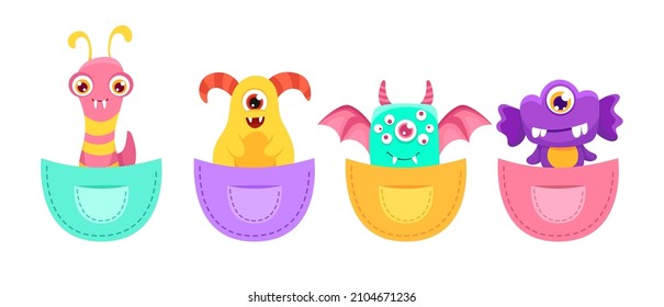 Cute Cartoon pocket monster set with hand drawn colorful elements. Scary and funny creatures for your design, children or halloween concept, t-shirt print. Vector flat colorful illustration