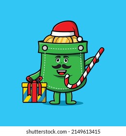 cute cartoon pocket santa clause character is bringing candy cane and boxes christmas illustration