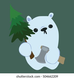 Cute Cartoon Polar Bear with Axe and Spruce