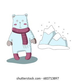 Cute cartoon polar bear character with scarf and snow-capped mountains. Vector illustration in simple style. Isolated on white background.