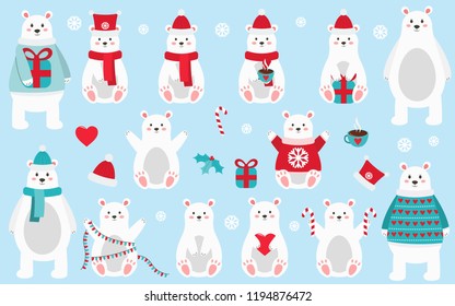 Cute cartoon polar bear Christmas and New Year set. Baby bear with mother. Flat design vector illustration.