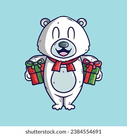 Cute cartoon polar bear in christmas red hat, scarf holding christmas gift. Funny cartoon illustration for Christmas cards and posters.
