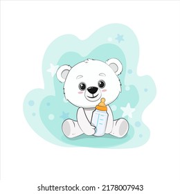 Cute cartoon polar bear cub on a blue background. Teddy bear with a bottle of milk.Vector illustration  