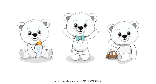 Cute cartoon polar bear cub with milk bottle and toy. Set of cartoon baby animals. Vector illustration