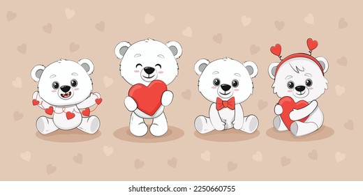 Cute cartoon polar bear cub with a heart for your design. Valentine's day card. Mothers day. Vector illustration