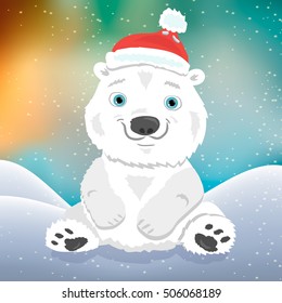 Cute cartoon polar bear cub in Christmas hat