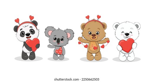 Cute cartoon polar bear cub,panda,koala,teddy bear with a hearts for your design. Valentine's day card. Vector illustration