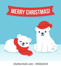Cute cartoon polar bear cubs in winter hat and scarf with Merry Christmas text banner. Simple, modern style vector illustration.