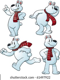 Cute cartoon polar bear in different poses wearing a scarf. Vector illustration with simple gradients.