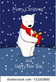 Cute cartoon polar bear with gift box. Christmas greeting card. Fuuny polar bear with present happy new year card. Merry Xmas card design. Merry Christmas and Happy new year. Polar bear in red scarf