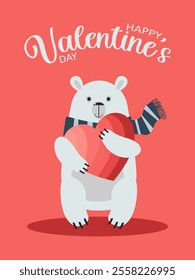 A cute cartoon polar bear holds a red big heart in its paws on a pink background. Vector.