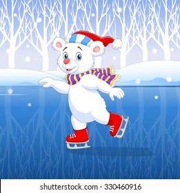 Cute cartoon polar bear ice skating in the ice skating arena