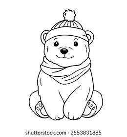 Cute cartoon polar bear. Line Art Vector. Adorable Baby White polar bear line sketch. Outline vector illustration of animal. Childish t shirt print design