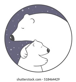 Cute Cartoon Polar Bear Mom Hugs Her Baby.animal Family. Children's Illustration Or Design For New Year Or Mother's Day Card