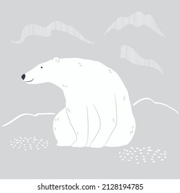 Cute cartoon polar bear, northern landscape. Hand drawn vector illustration. Winter animal character. Arctic wildlife, nature. Design concept for kids fashion, textile print, poster, card, baby shower