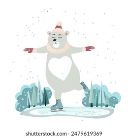 the cute cartoon polar bear in the red hat skates on the lake for childreen illustrations, digital arts, cute cards, posts, posters