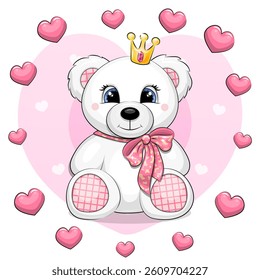 Cute cartoon polar bear toy with crown and pink bow in heart frame. Vector illustration of animal on pink background.