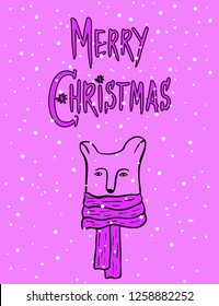 Cute cartoon polar bear in warm scarf with Merry Christmas elegant modern brush handwritten lettering. Line art character for Christmas winter holidays greeting card. Lilac pink and white snow