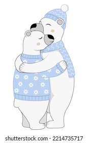 Cute cartoon polar bears hugging. One of the animal in winter sweater and the other one in hat and scarf. Flat vector illustration. Christmas or New Year card