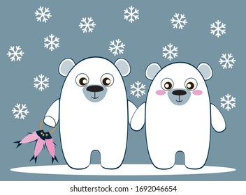 cute cartoon polar bears on an ice floe, on a background of snowflakes, couple in love, vector illustration