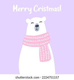 Cute cartoon polar white bear for merry christmas with text