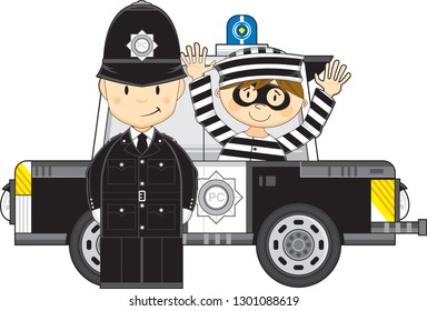 Cute Cartoon Policeman and Police Car with Classic Style Robber 