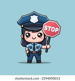 Cute cartoon policewoman holding a stop sign. Adorable law enforcement character in a kawaii style. Perfect for traffic control, security, police department, and public safety designs