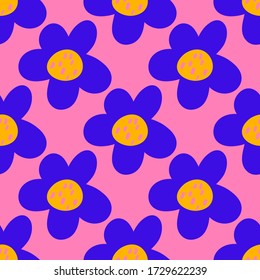 Cute cartoon polka dot flowers in flat style seamless pattern. Floral childlike style background. Vector illustration.    