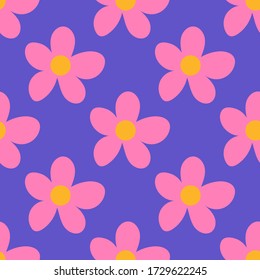 Cute cartoon polka dot flowers in flat style seamless pattern. Floral childlike style background. Vector illustration.    