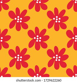 Cute cartoon polka dot flowers in flat style seamless pattern. Floral childlike style background. Vector illustration.    