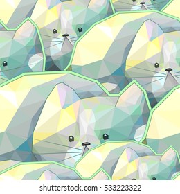 Cute cartoon polygon cat seamless pattern, funny doodle cat background