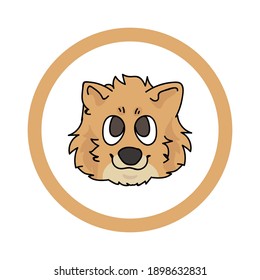 Cute cartoon Pomeranian face in circle puppy vector clipart. Pedigree kennel doggie breed for kennel club. Purebred domestic dog training for pet parlor. Illustration mascot. Isolated canine. 