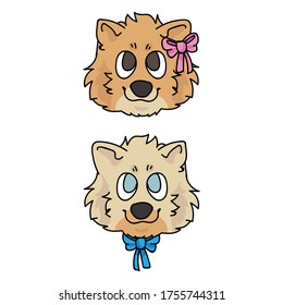 Cute cartoon pomeranian puppy face boy and girl vector clipart. Pedigree kennel doggie breed for dog lovers. Purebred domestic dog for pet parlor illustration. Isolated spitz hound. 