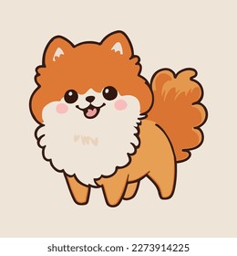 Cute cartoon pomeranian spitz. Spitz dog with a fluffy tail smiles.