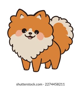 Caricatura tierno de spitz pomeraniano. Perro Spitz con una sonrisa de cola esponjosa.