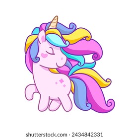 Cute Cartoon Poni Unicorn with neon colorful hair  (Kawaii vector)