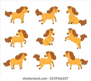 Cute cartoon ponies in various playful poses on a white background