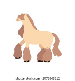 Cute Cartoon Pony With Beige Fluffy Fur And Long Fringe Covering The Eyes Standing Isolated On White Background. Mini Show Horse With Leg Feathering Vector Illustration.