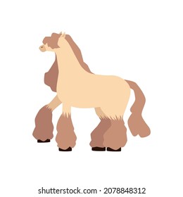 Cute cartoon pony with beige fluffy fur and long fringe covering the eyes standing isolated on white background. Mini show horse with leg feathering vector illustration.