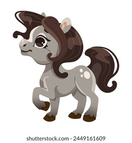 Cute cartoon pony with brown mane on a white background, vector illustration for childrens media. Vector illustration