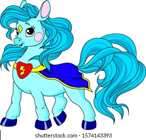 Cute cartoon pony character. Pony baby superhero. Vector isolated on white background. Fairytale pony in a superhero cloak.